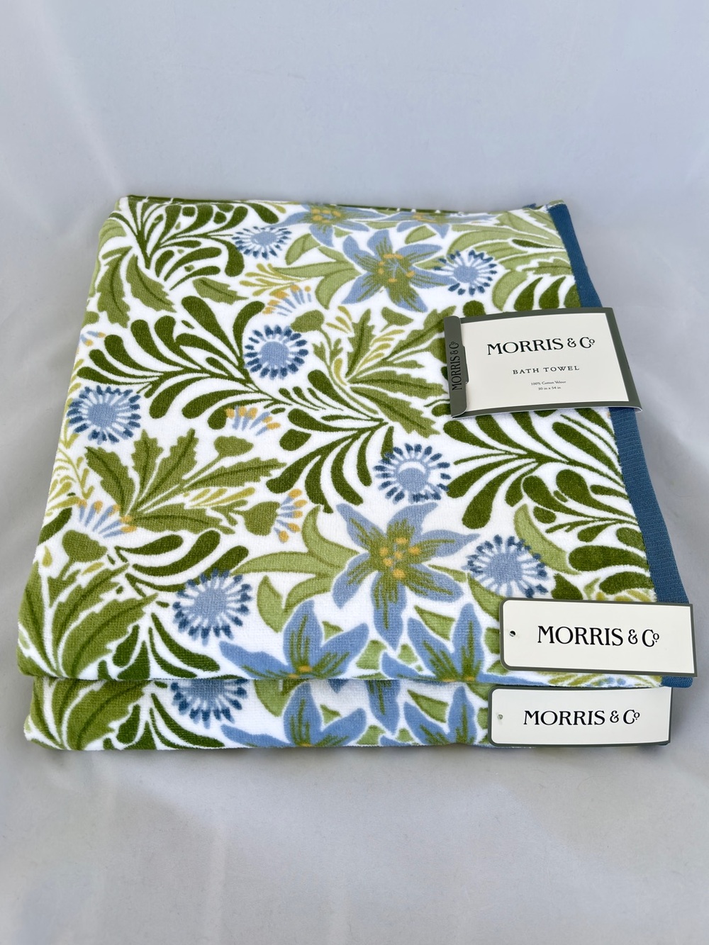 NWT Morris & Co Botanical Cotton Velour Bath Towels Set of 2 Blue Green Floral
